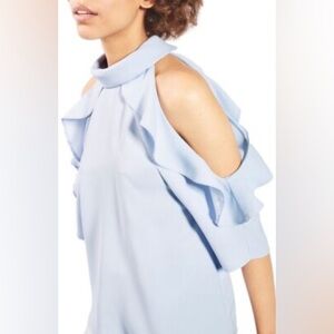 Topshop Light Blue Ruffle Cold Shoulder Top